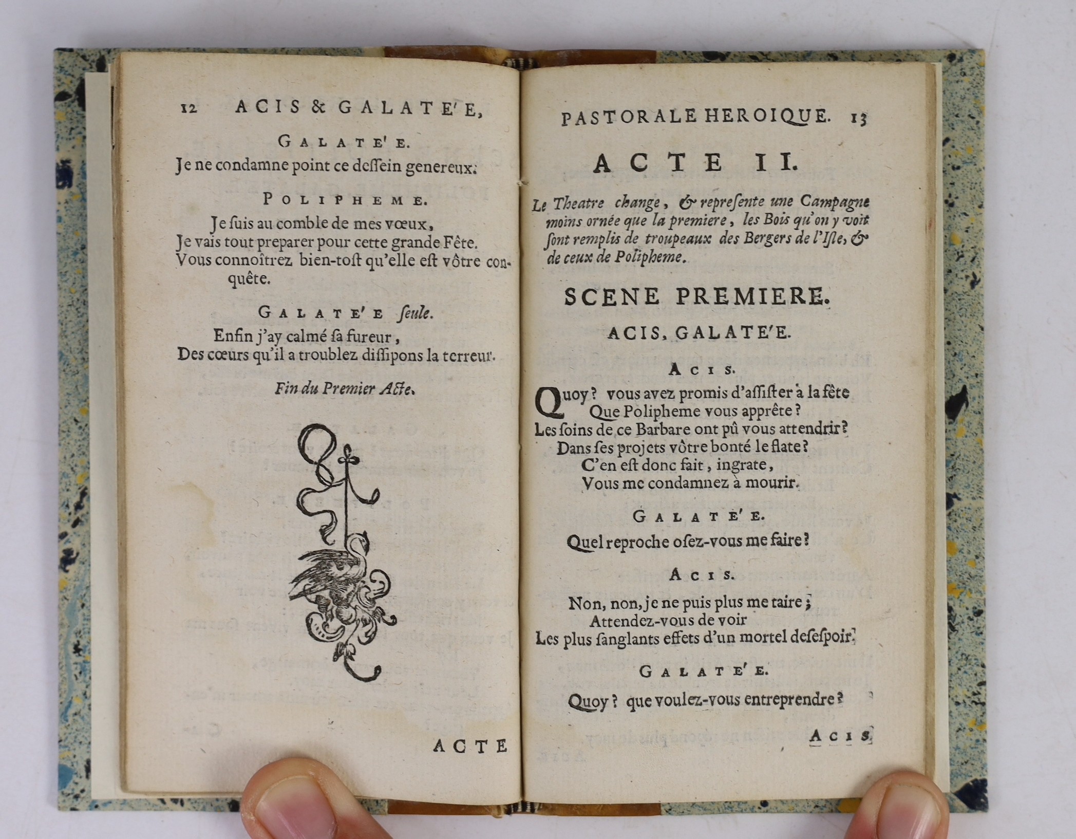 Campistron, Jean Galbert de - Acis et Galatee, Pastorale Heroique en Musique, 12mo, quarter calf gilt with marbled boards, engraved frontis, Paris, 1686